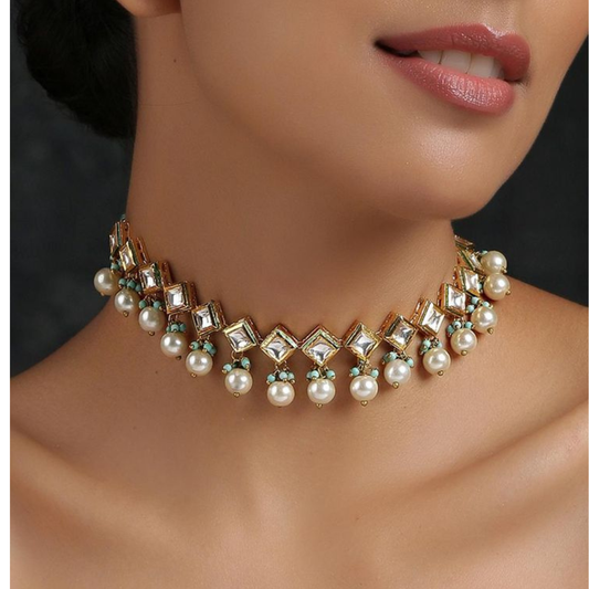 Single Line Square Kundan Necklace Set With Moti