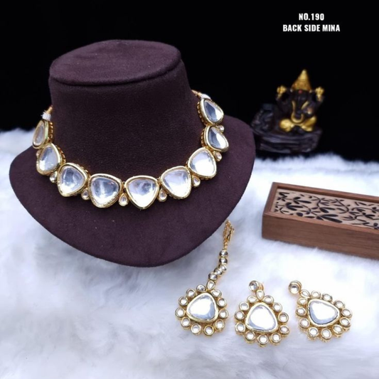 Uncut Big Triangle with Small Drop Kundan Necklace Set with Tika
