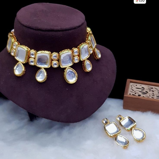 Uncut Big Square & Drop Kundan Necklace Set