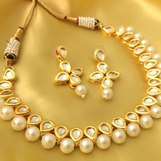 Single Line Drop Moti Kundan Necklace Set