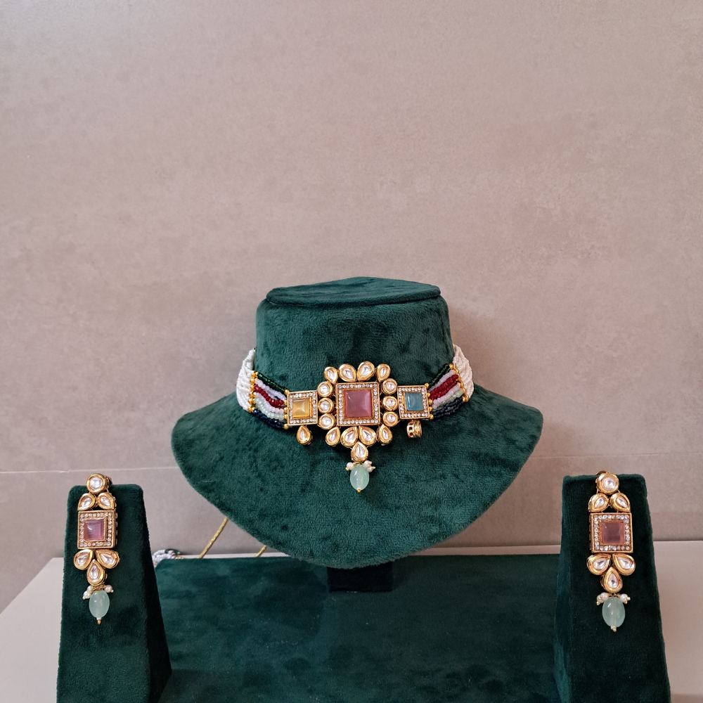 Square Multicolor Monalisa Kundan Necklace Set