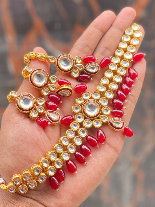Double Layer Choker Style Kundan Necklace Set with Red Pearls