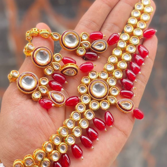 Double Layer Choker Style Kundan Necklace Set with Red Pearls